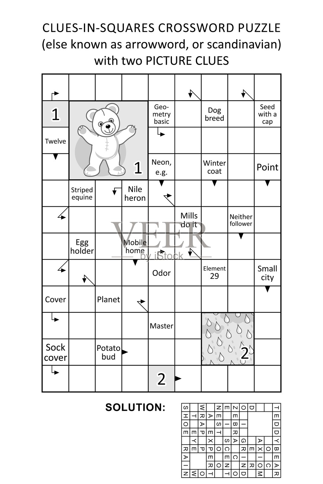 带有图片线索的箭头字谜（方格内有提示）填字游戏插画图片素材