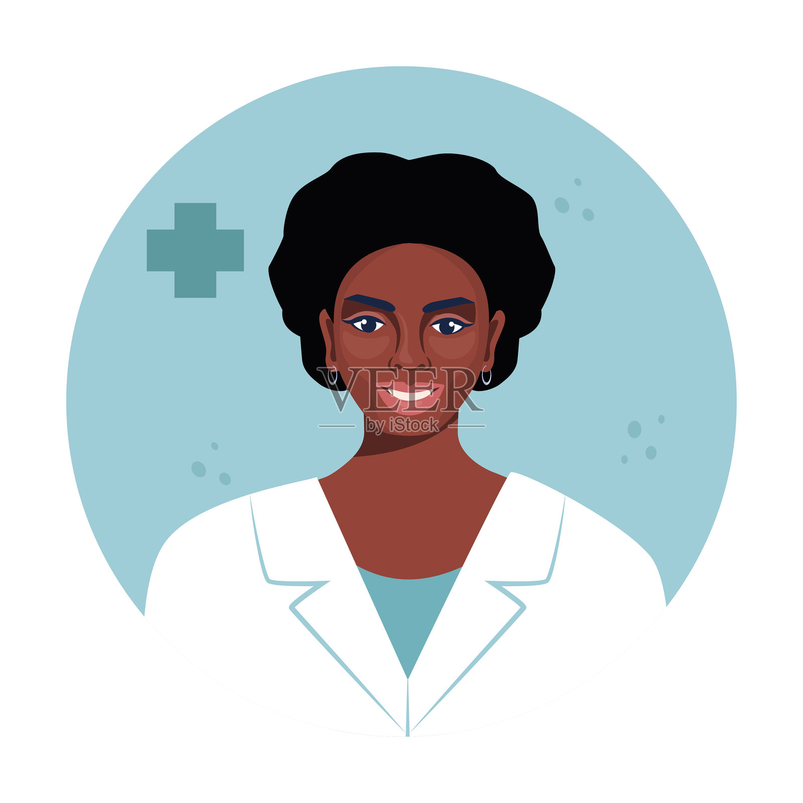 黑人女性医生圆形头像。女性医生的医学扁平头像。医疗诊所团队。圆形图标医疗合集，矢量插图。插画图片素材