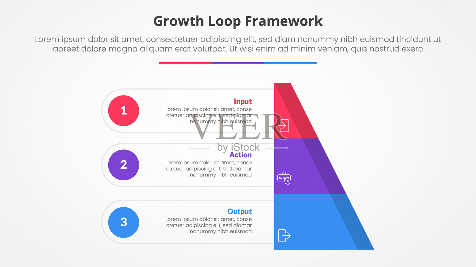 增长循环框架信息图概念，用于幻灯片演示，包含半切金字塔和圆点，带有三点列表，采用扁平风格插画图片素材