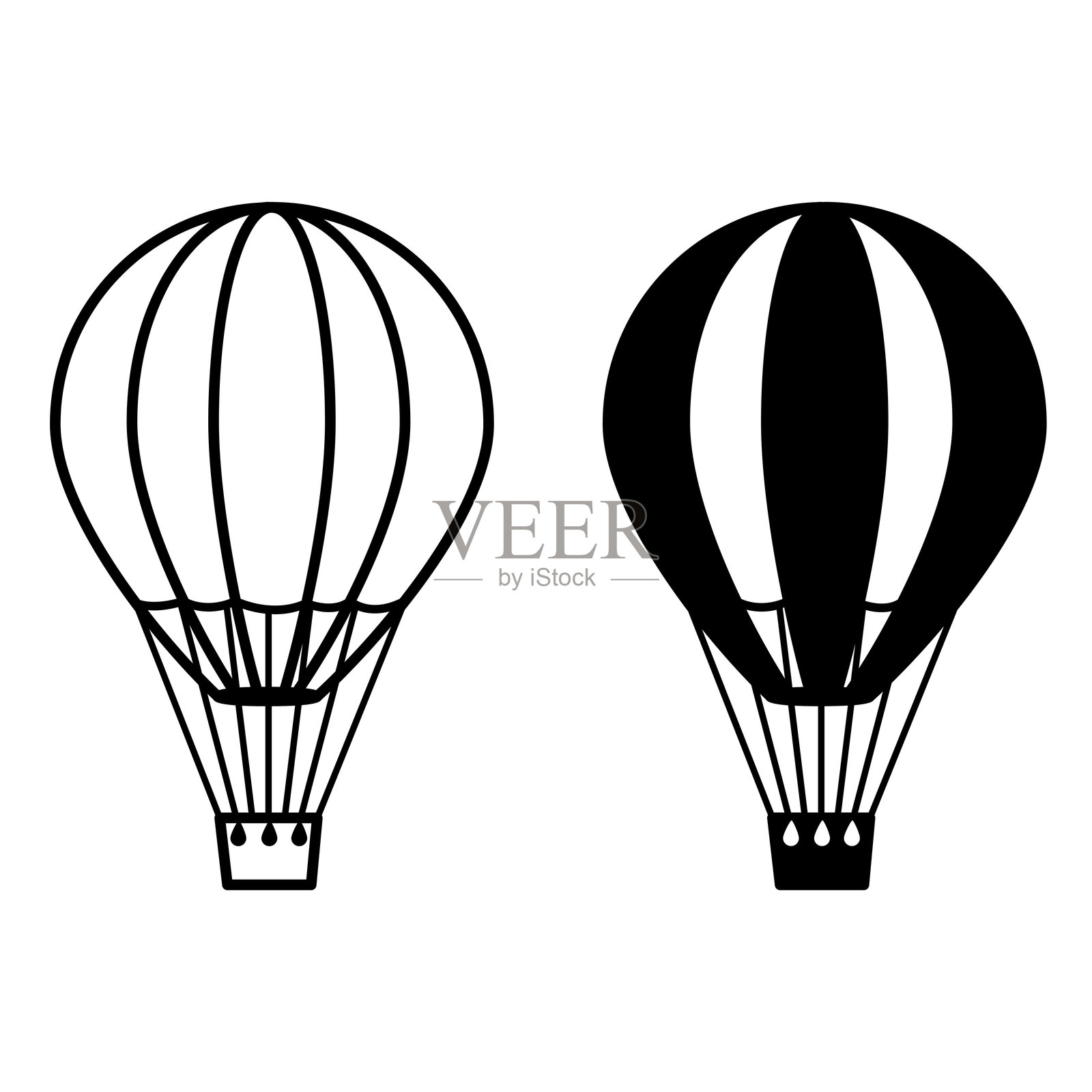 热气球图标.黑白矢量图标.带附加篮子的飞行器.巴西狂欢节概念