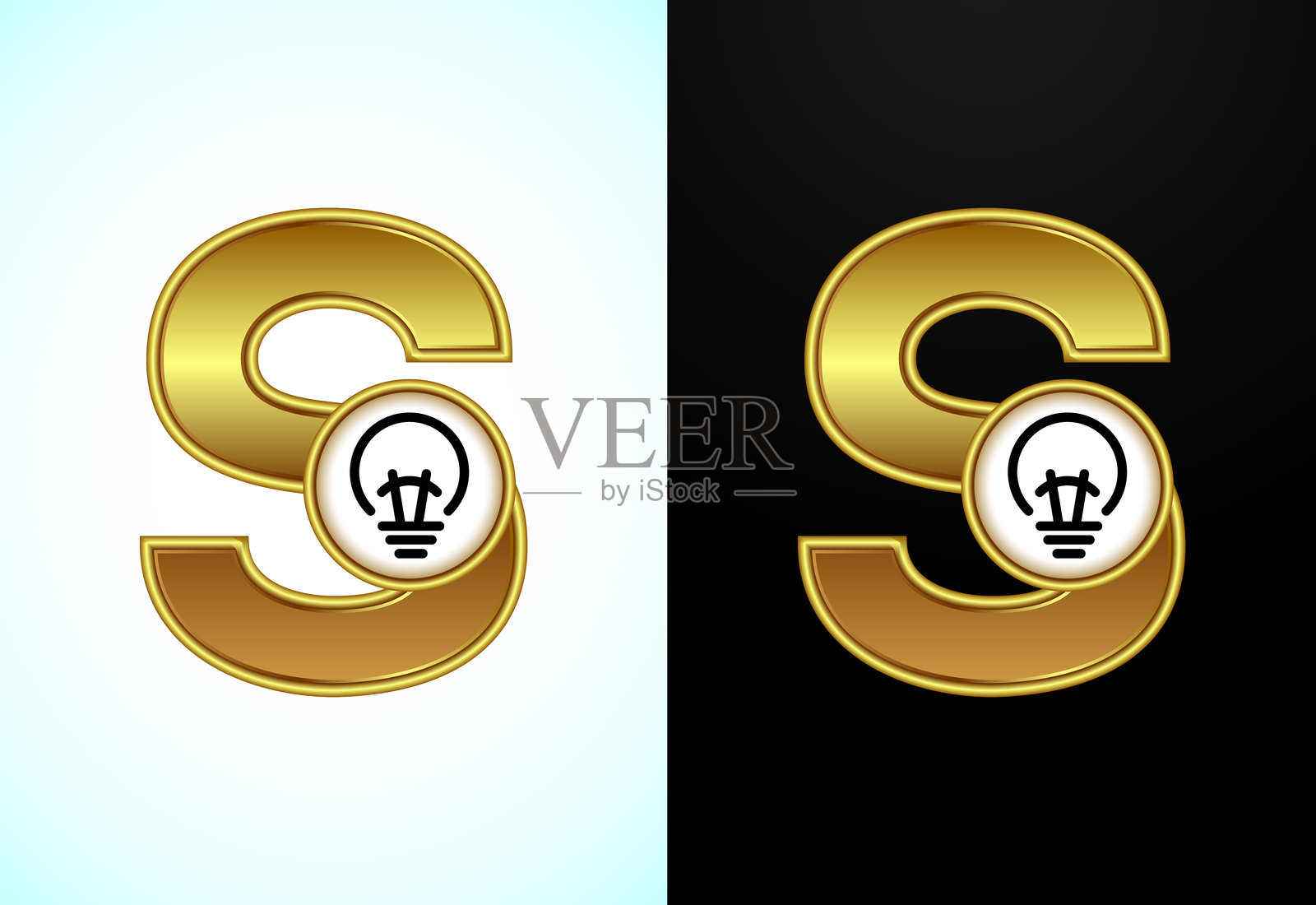 金色电灯泡的英文字母S，创意理念标志概念插画图片素材