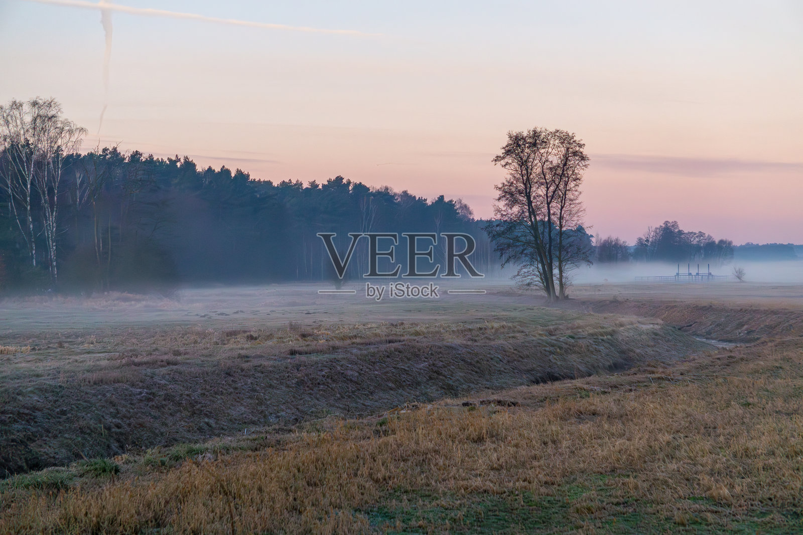 乡村远离城市的雾蒙蒙的冬秋早晨。低雾笼罩在森林旁的田野上。小河缓缓流淌。田园风光。日出。照片摄影图片