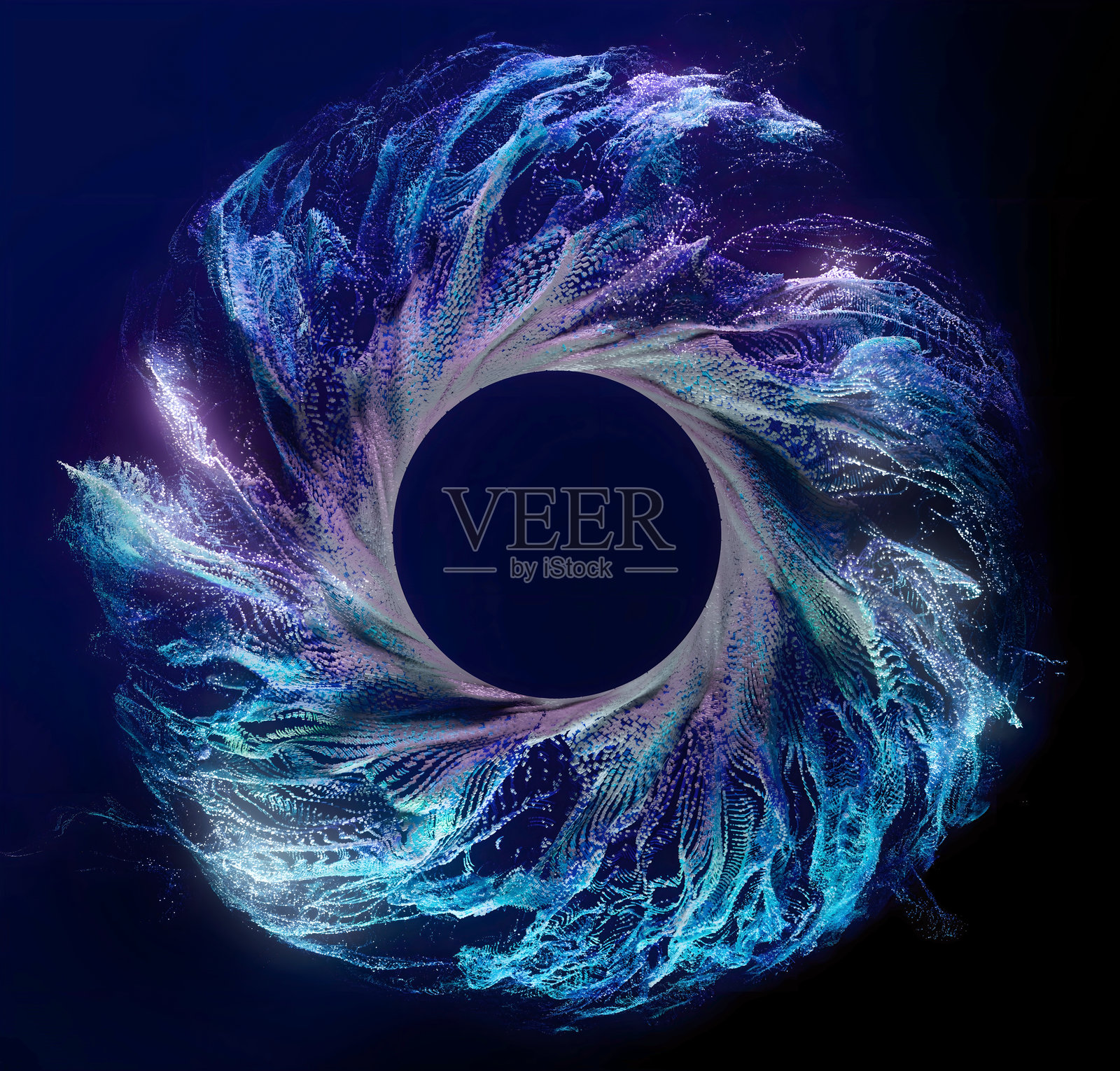 3D渲染抽象艺术，超现实戒指圆圈作为幻想花朵，在波状液体溅射图案中发出小颗粒，在深蓝色背景下发出明亮的霓虹蓝和紫色光芒。照片摄影图片