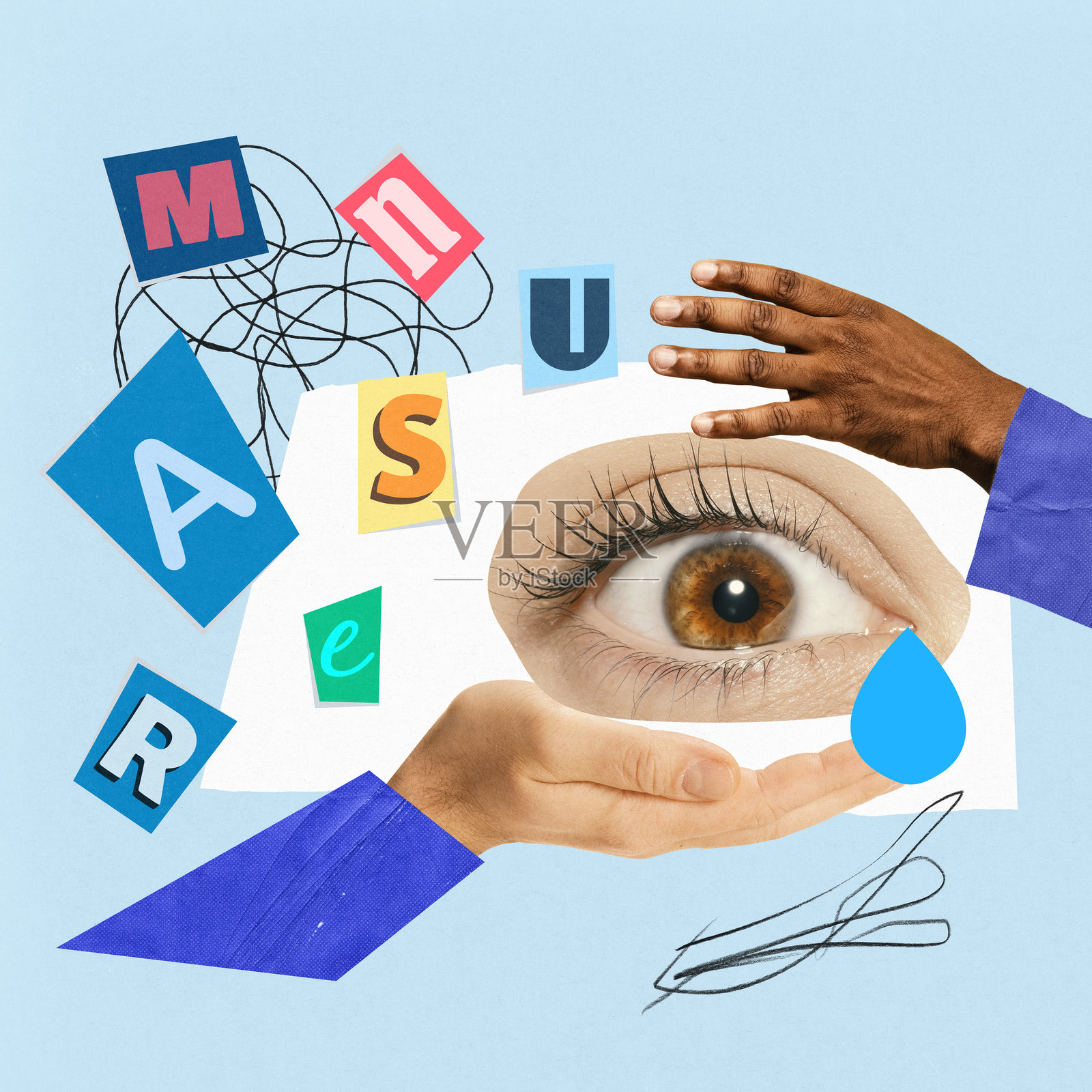 概念拼贴画：一只眼睛被双手托住，配有多彩的排版和涂鸦。视觉测量与护理。现代艺术照片摄影图片