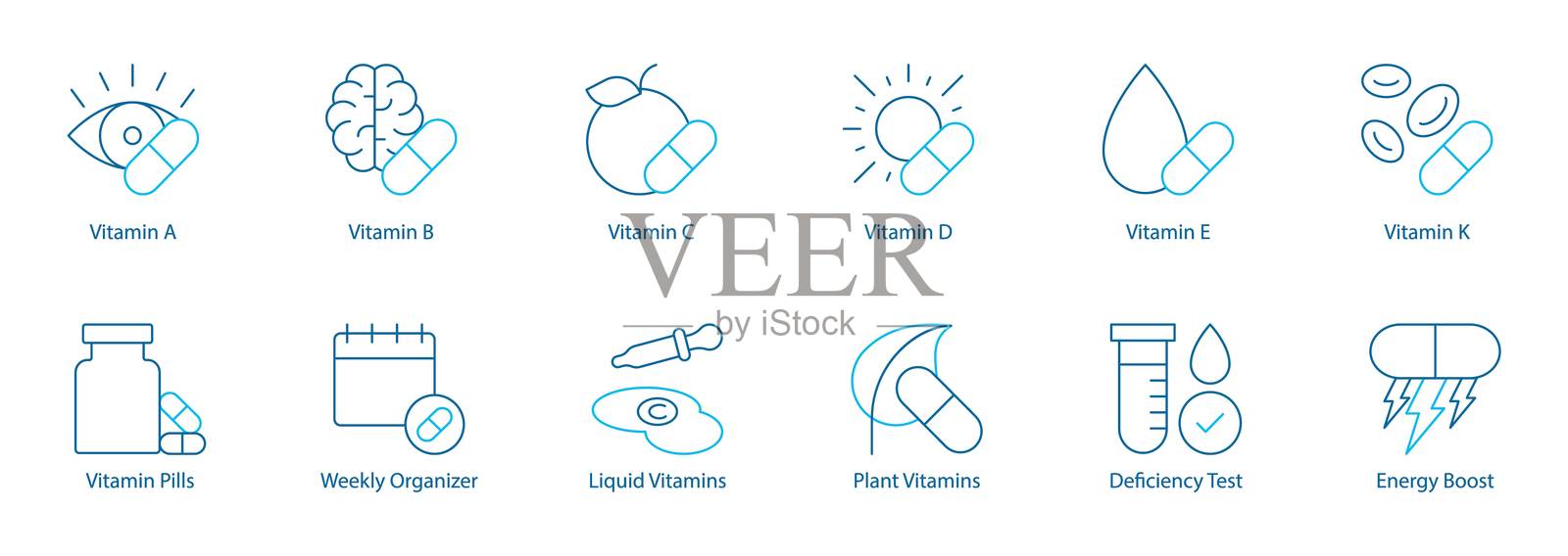 必需维生素和补充剂矢量图标集 - 维生素A、B、C、D、E、K、药丸、每周整理器、液体和植物基维生素、缺乏测试、能量提升插画图片素材