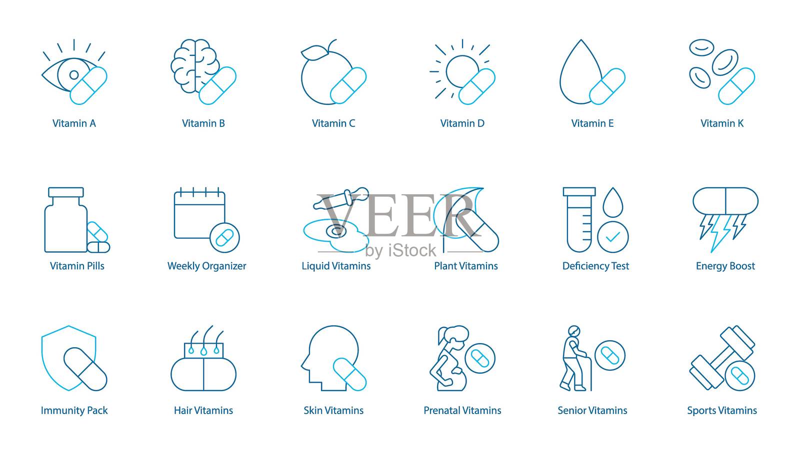 完整的维生素和补充剂矢量图标集 - 维生素A、B、C、D、E、K、药丸、每周整理器、液体和植物基维生素、缺乏测试、能量提升、免疫、头发、皮肤、产前插画图片素材