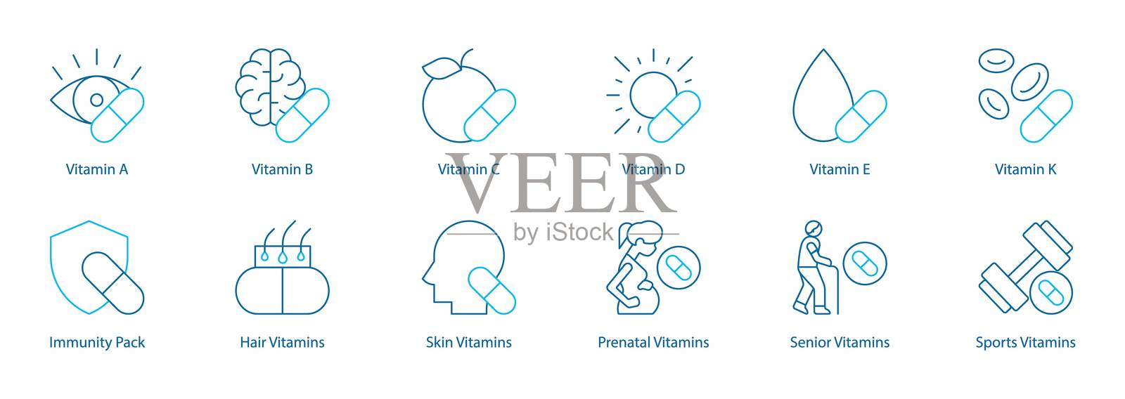 专业维生素和健康需求矢量图标集 - 维生素A、B、C、D、E、K，免疫包，头发和皮肤维生素，孕期营养，老年人和运动营养插画图片素材