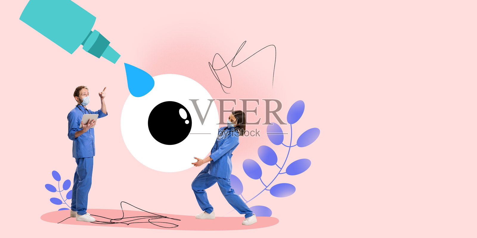 医生处理大型眼睛和滴管瓶。眼部护理和视力治疗。现代艺术拼贴。照片摄影图片