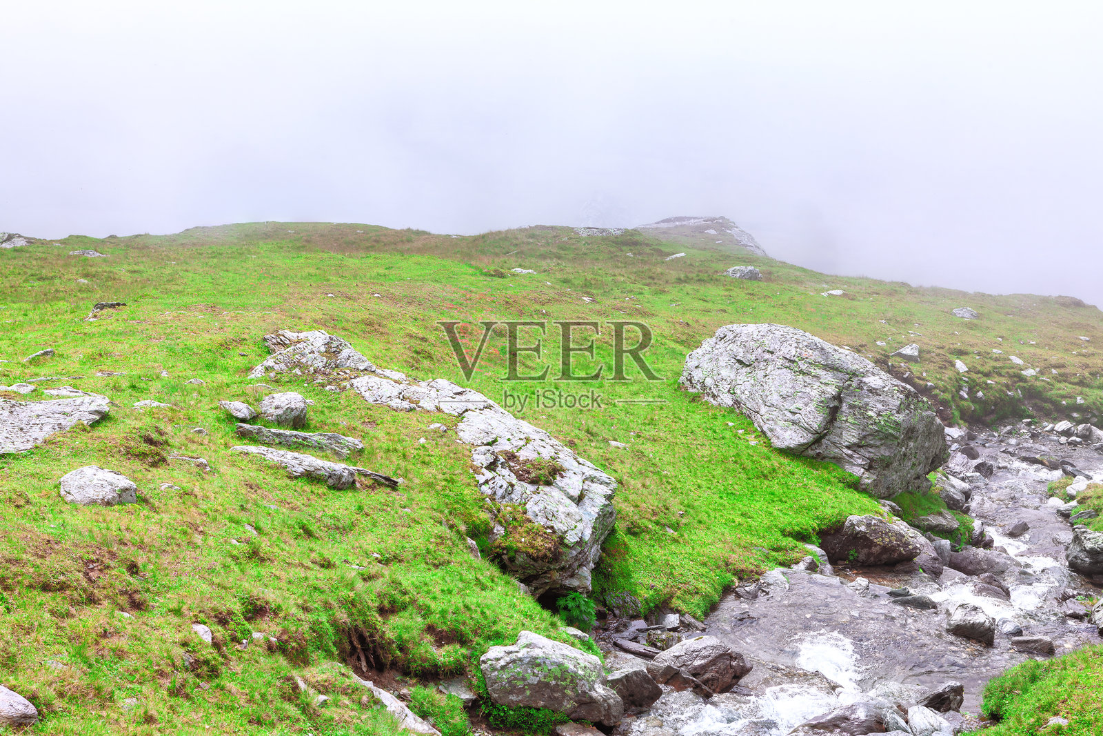 雾气弥漫的山地风景与郁郁葱葱的绿草照片摄影图片