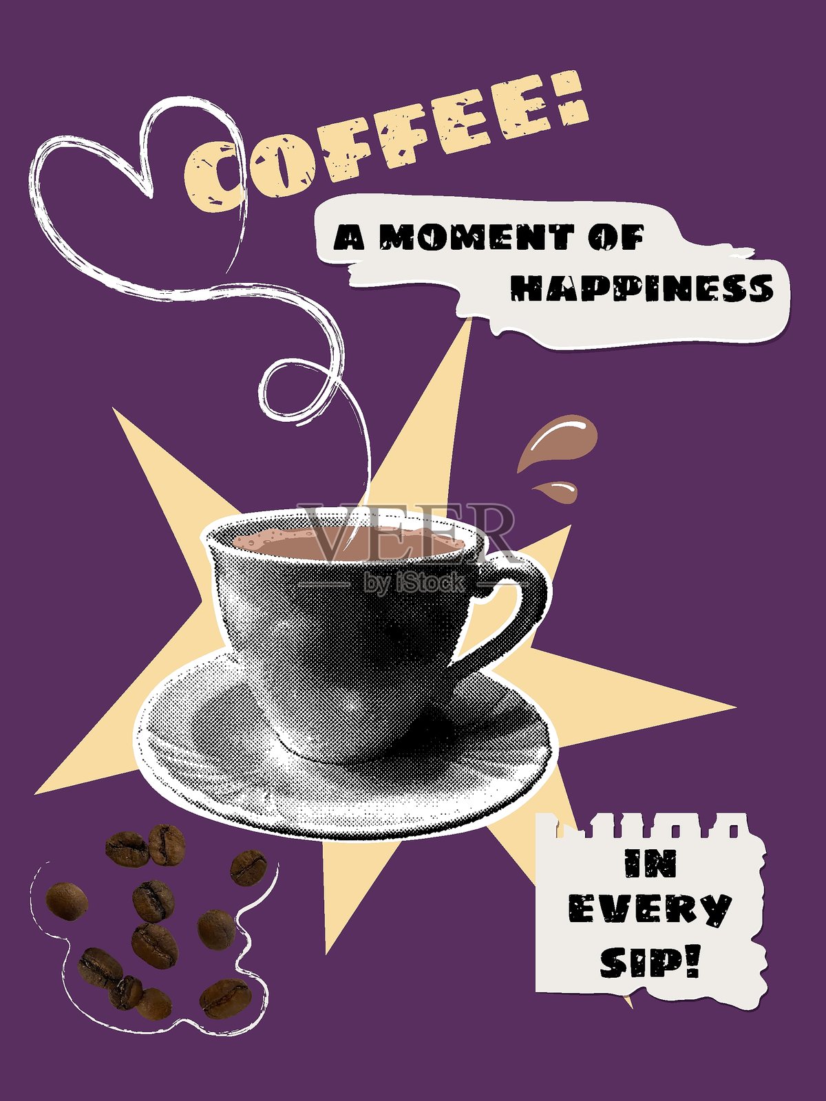 时尚的半色调拼贴画。白色杯子与热咖啡和咖啡豆的半色调效果，背景为紫色。颜色为摩卡慕斯。插画图片素材