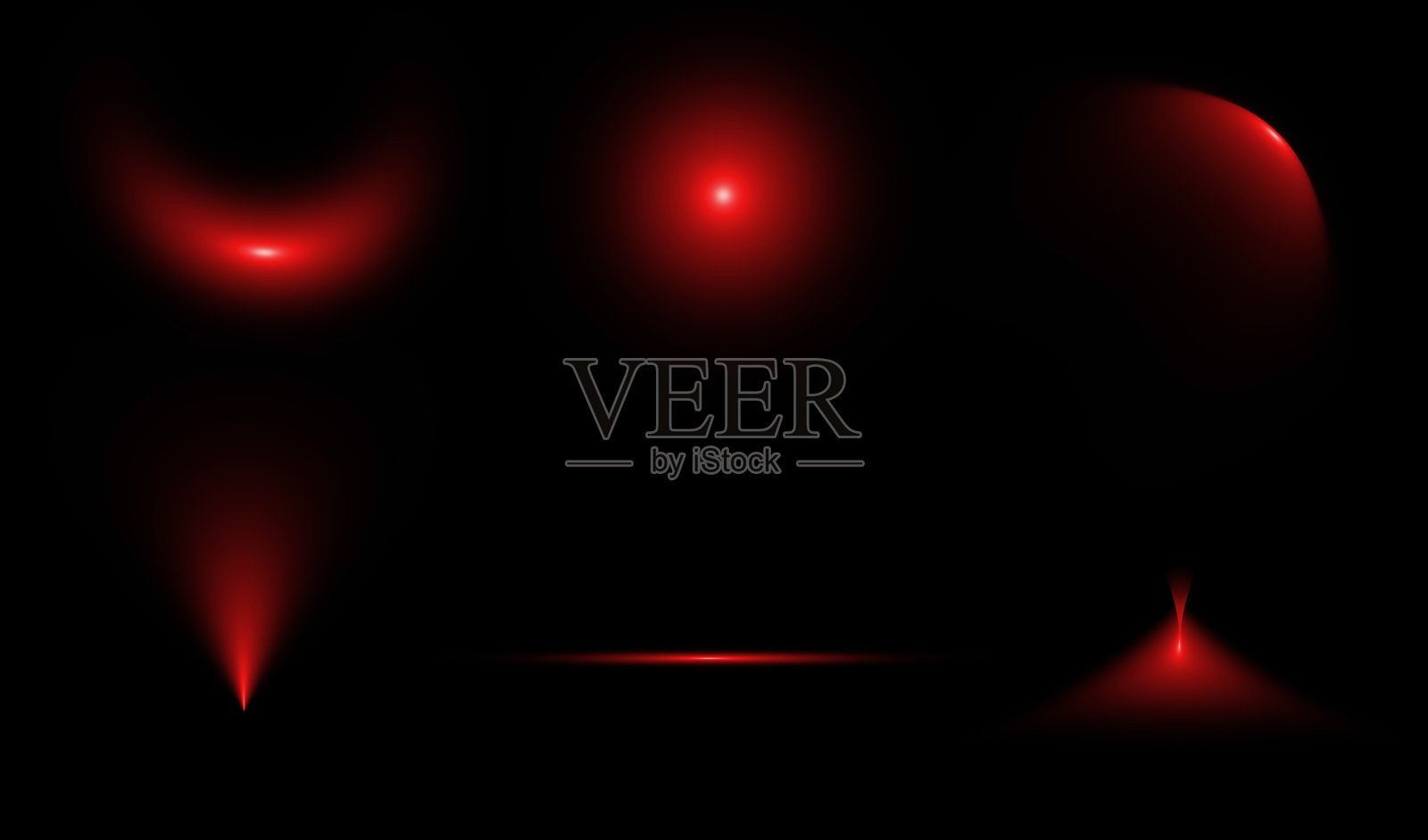 红色灯光的设计拼贴，线性、光源、圆顶、弧形、反射效果。抽象红色灯光的集合。镜头光晕效果用于叠加设计。插画图片素材