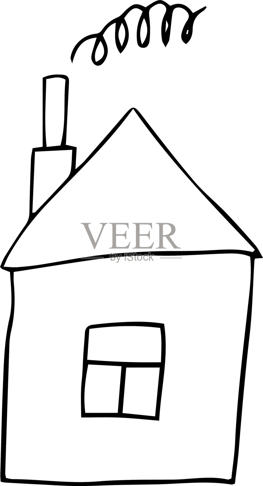 一栋一层的房子，带有一个窗户、一个三角形的屋顶和一个冒着烟的烟囱。插画图片素材