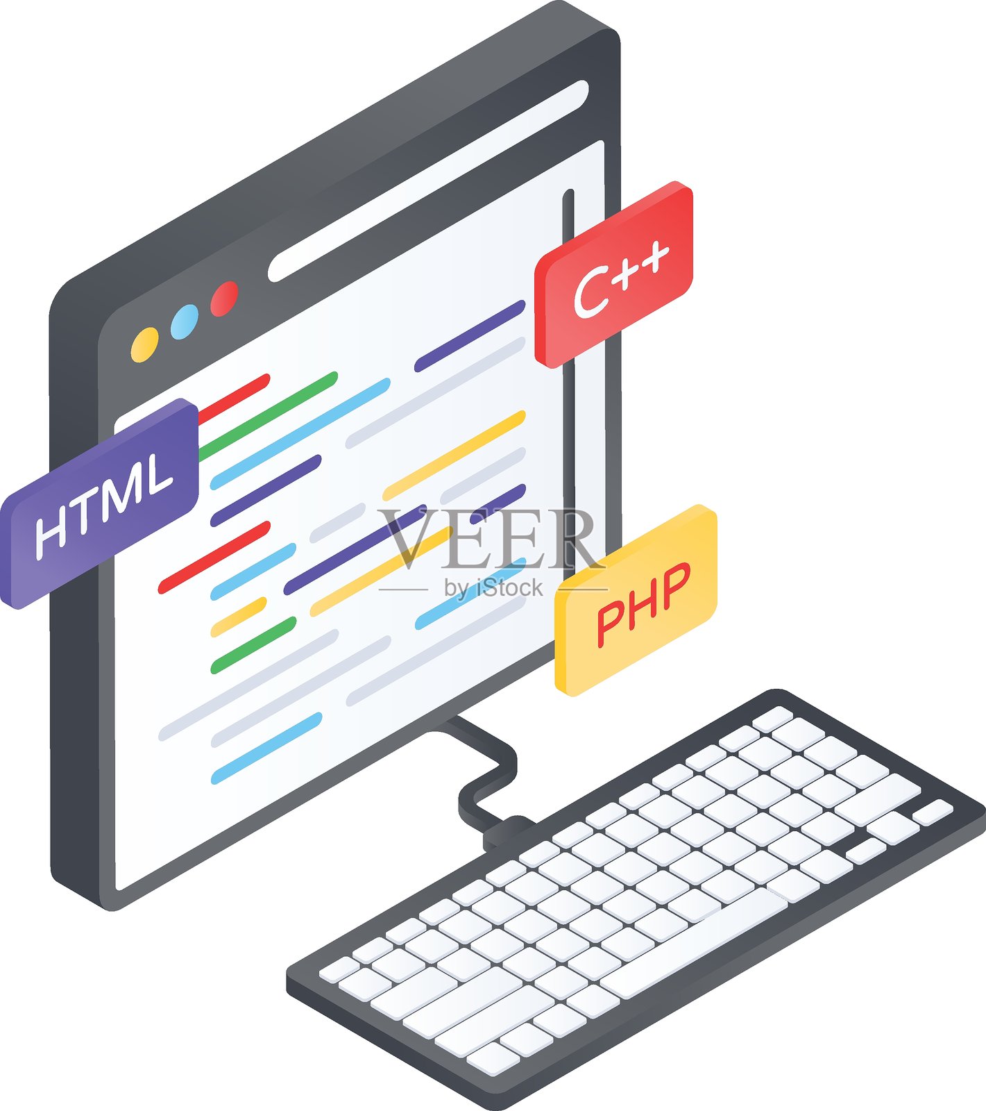 基于浏览器的IDE编辑器等距概念，代码解释与键盘连接的矢量设计，网络托管服务符号，计算机设备标志，互联网应用管理插图插画图片素材