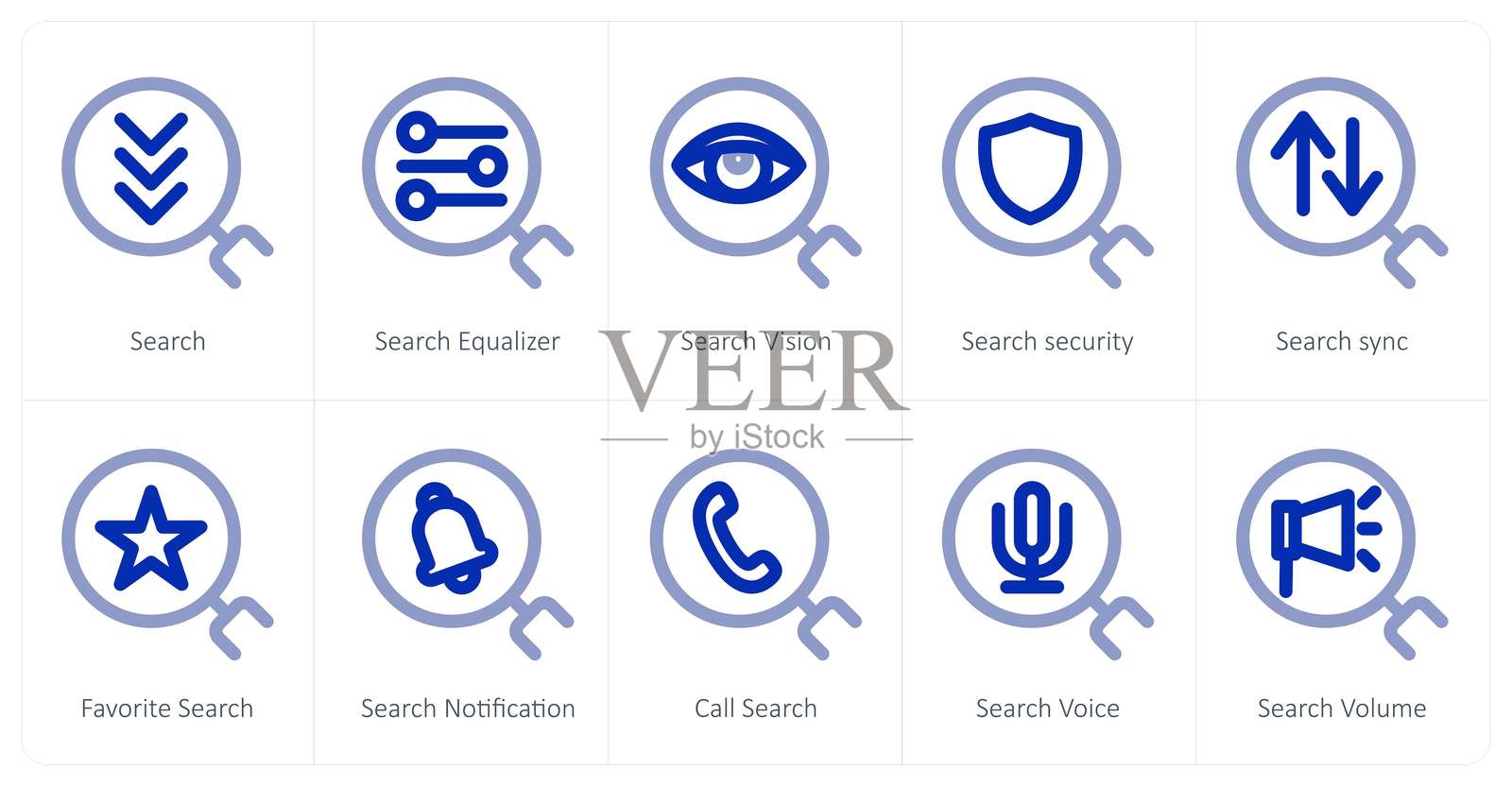 一组10个搜索图标，包括搜索、搜索均衡器、搜索视图等。插画图片素材