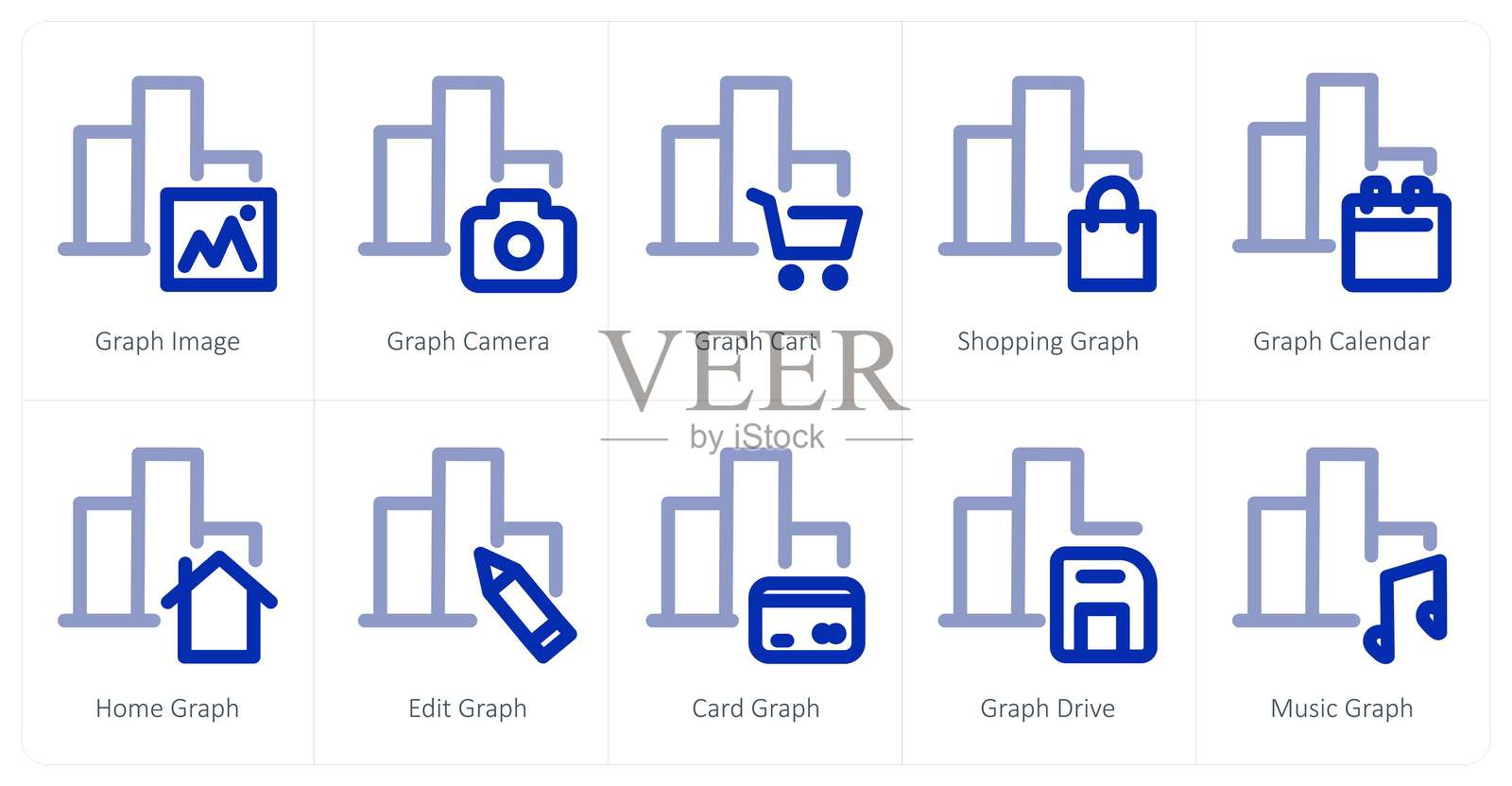 一组10个柱状图图标，包括图表图像、图表相机和图表小车插画图片素材