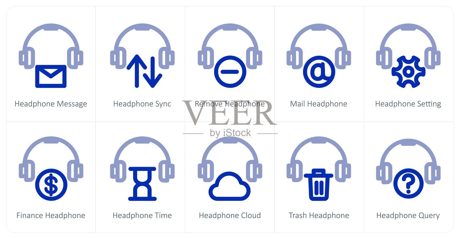 一组10个耳机图标，包括耳机消息、耳机同步、移除耳机。插画图片素材