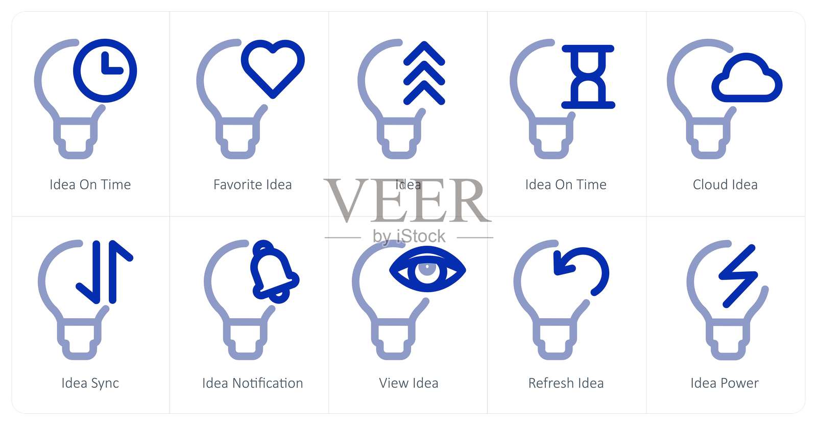 一组10个图标，代表时间、最爱创意和创意。插画图片素材