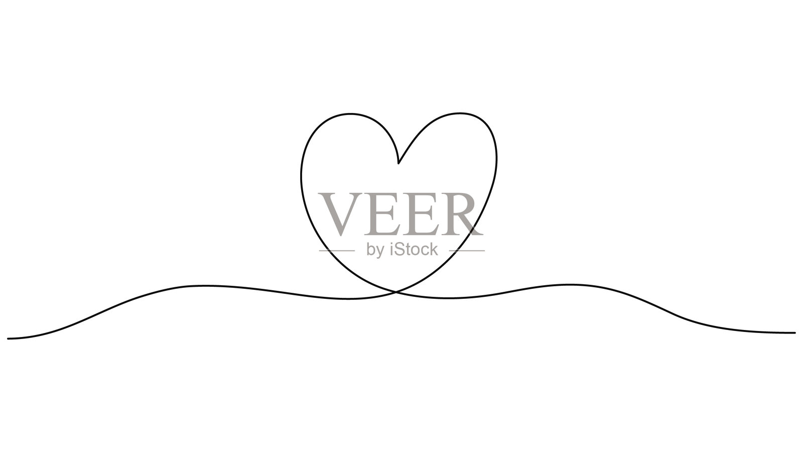 一笔画心形艺术。黑色可编辑线条手绘在白色背景上。适用于情人节和爱情贺卡、横幅海报封面的小清新插图。插画图片素材