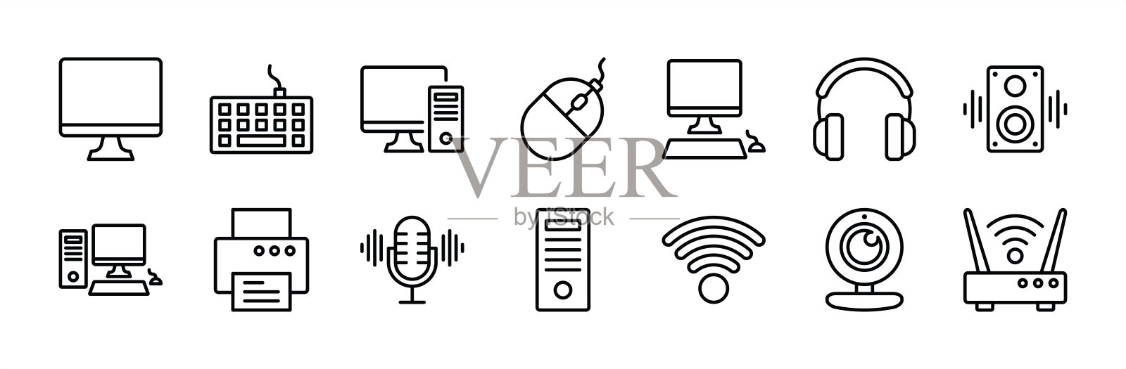 计算机或电子设备细线图标矢量集。包含显示器、键盘、鼠标、耳机、扬声器、台式机、打印机、麦克风、网络、摄像头、中央处理单元、wifi、无线、路由器。插画图片素材