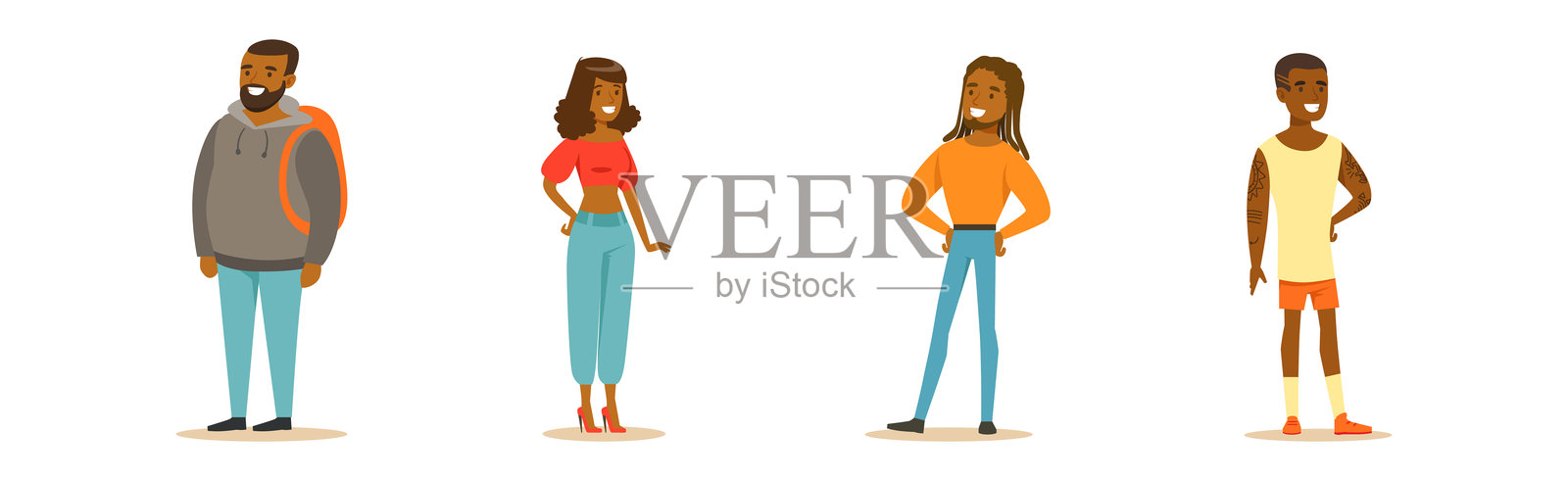 非裔美国男女角色站立姿势矢量图集插画图片素材