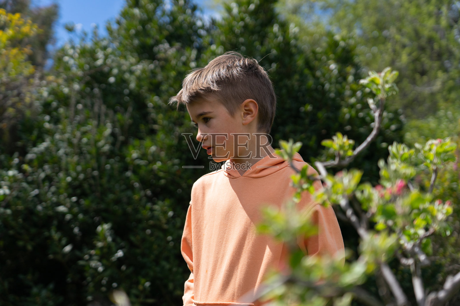 年轻男孩穿着橙色连帽衫在春天探索大自然照片摄影图片