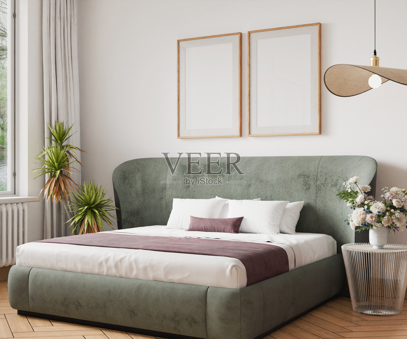 两帧模型，卧室舒适的家居室内，空床木纹床头板和墙壁背景。房间3D渲染。照片摄影图片