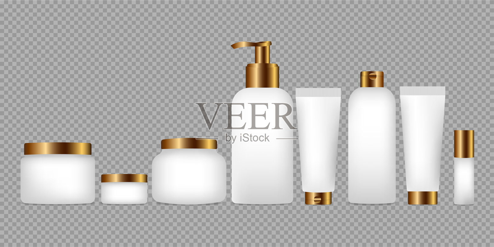 一组矢量图像。化妆品容器，面霜容器。3D效果。白色与金色。插画图片素材