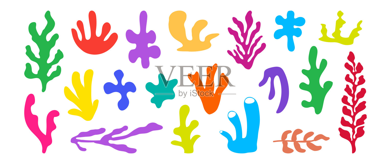 珊瑚图标，彩色海藻组合。水下植物，卡通有机形状，可爱的海洋涂鸦。海洋花卉拼贴。热带矢量插图。插画图片素材