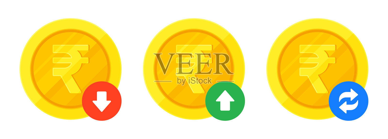 一组印度卢比金币，箭头表示增加、减少和交易。金融、货币、波动，₹和INR兑换概念。平面矢量插图，背景为白色。插画图片素材