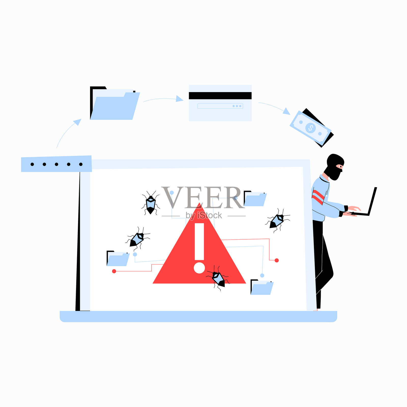 网络安全威胁，男性黑客在公寓中使用笔记本电脑，象征数据泄露、恶意软件和数字安全风险，背景为白色。插画图片素材