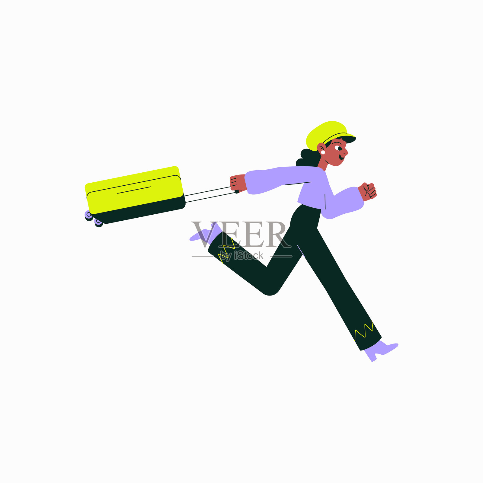 女性旅行者拖着行李箱奔跑的扁平矢量插图，象征着紧迫感、旅行和机场匆忙，背景为白色。插画图片素材