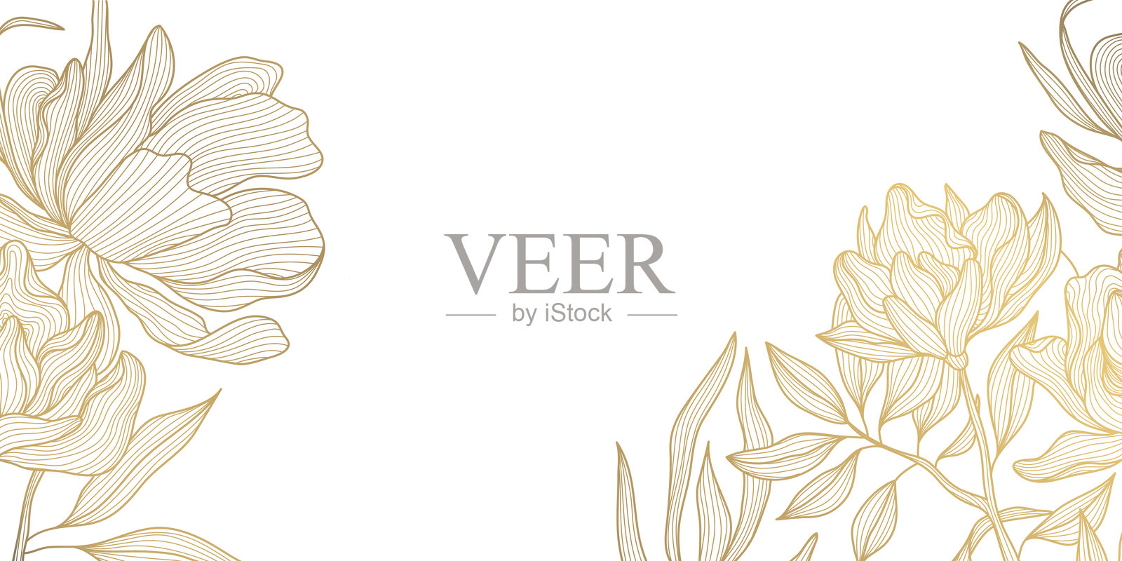 日本风格奢华背景的金色牡丹矢量线条艺术，皇家优雅花卉框架，背景，婚礼邀请，复古元素。插画图片素材