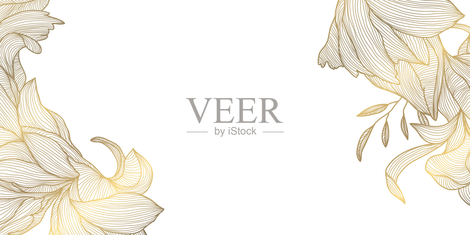 矢量金色线条花卉框架，线条植物设计，叶子装饰横幅，奢华艺术婚礼壁纸。春季、夏季花卉角落模板。插画图片素材