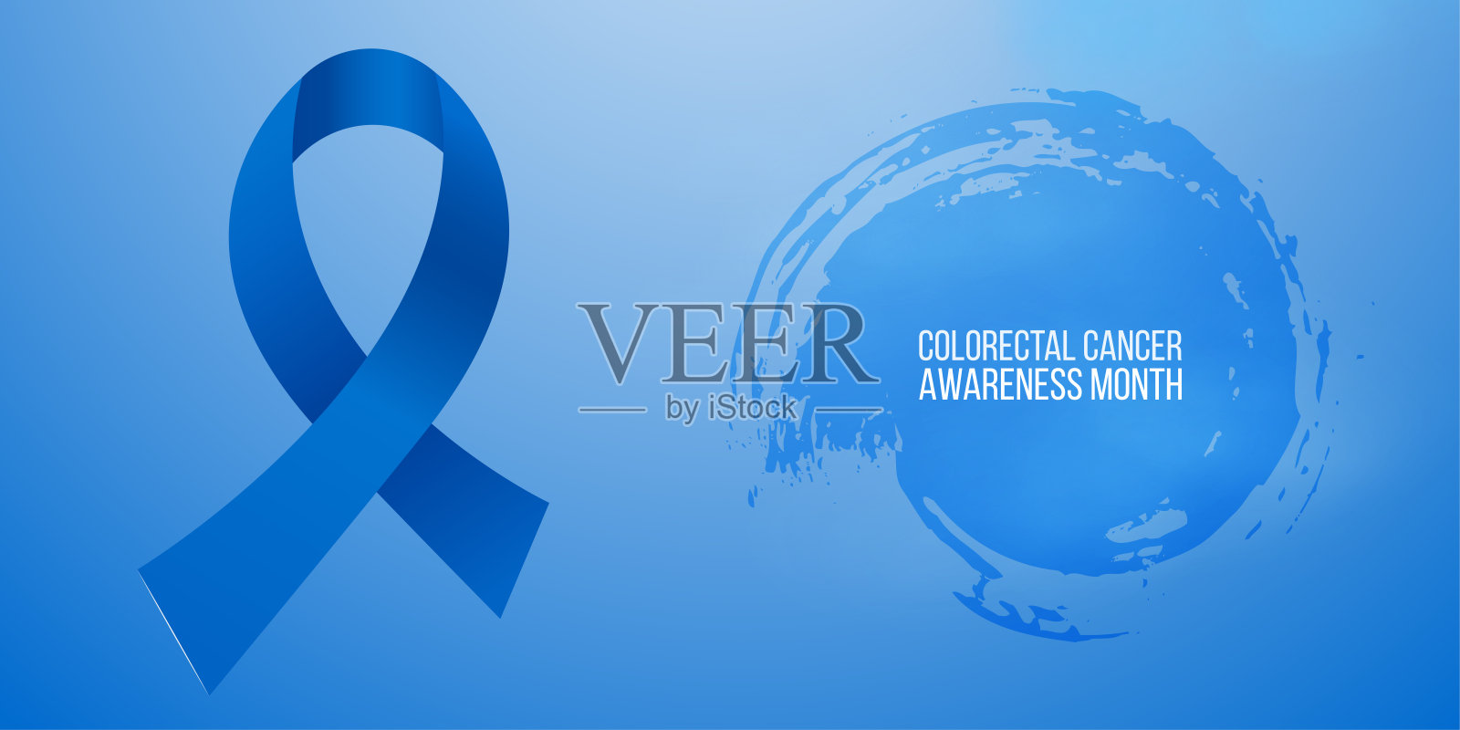 结直肠癌意识月概念。带有蓝色丝带和文字的横幅模板。矢量插图。插画图片素材