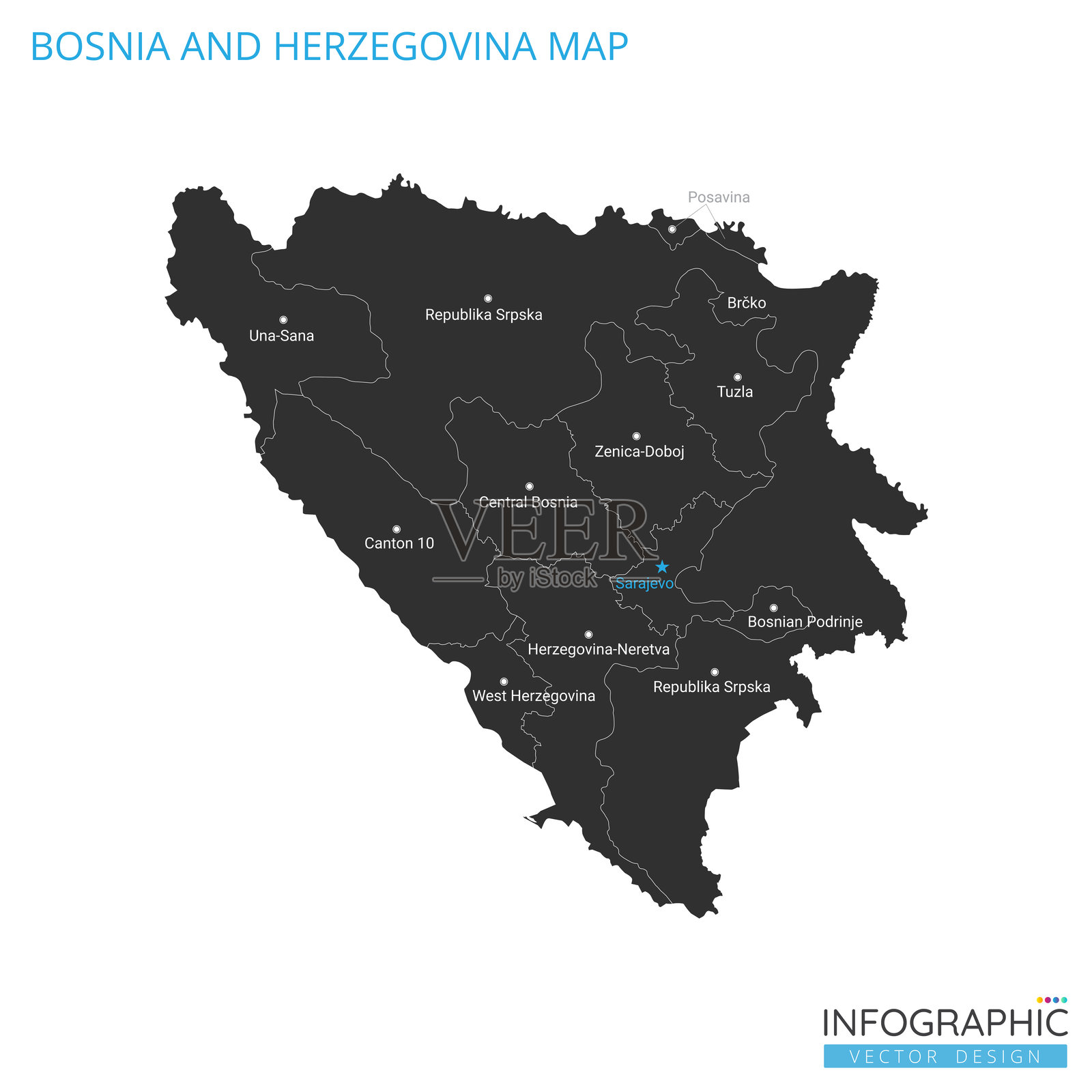 波斯尼亚和黑塞哥维那国家政治行政地图。详细的矢量插图，按州划分，包含首都城市名称，轮廓简洁风格。插画图片素材