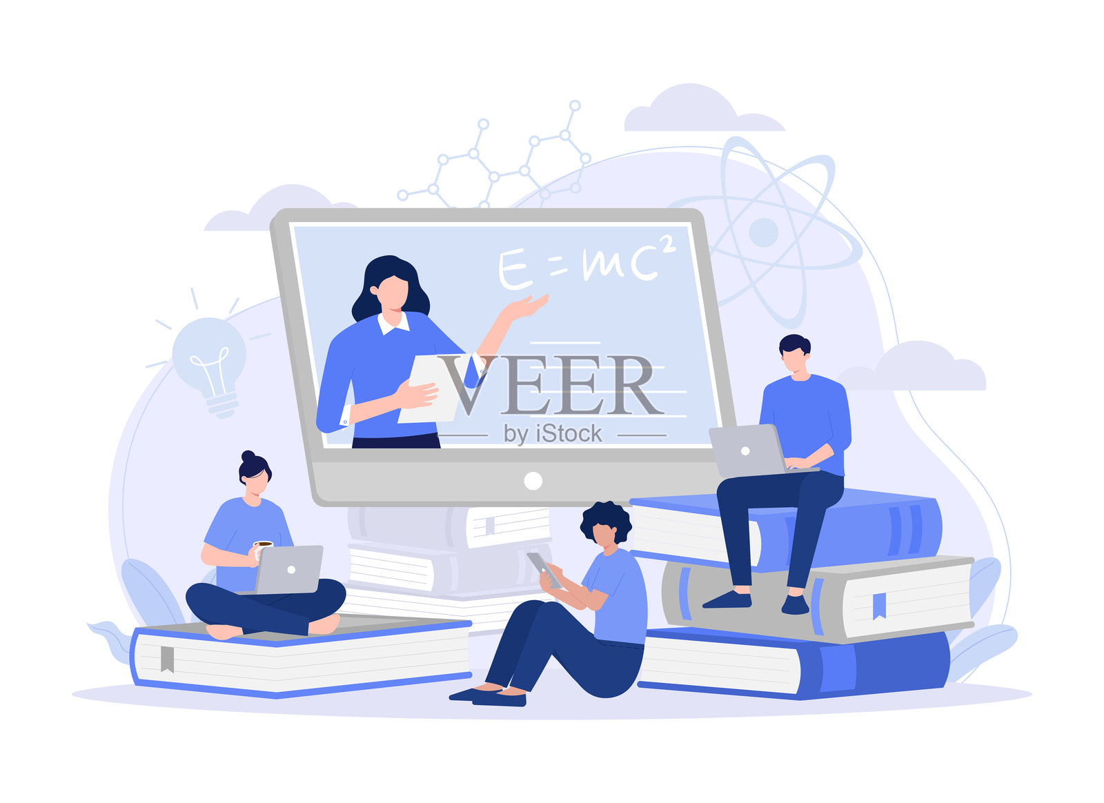 男女在网上学习，通过电脑上的Zoom会议与科学导师交流。现代扁平插图。插画图片素材