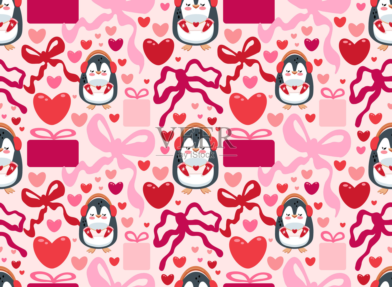 情人节图案，带有可爱的企鹅。爱心背景配有蝴蝶结和礼物。插画图片素材