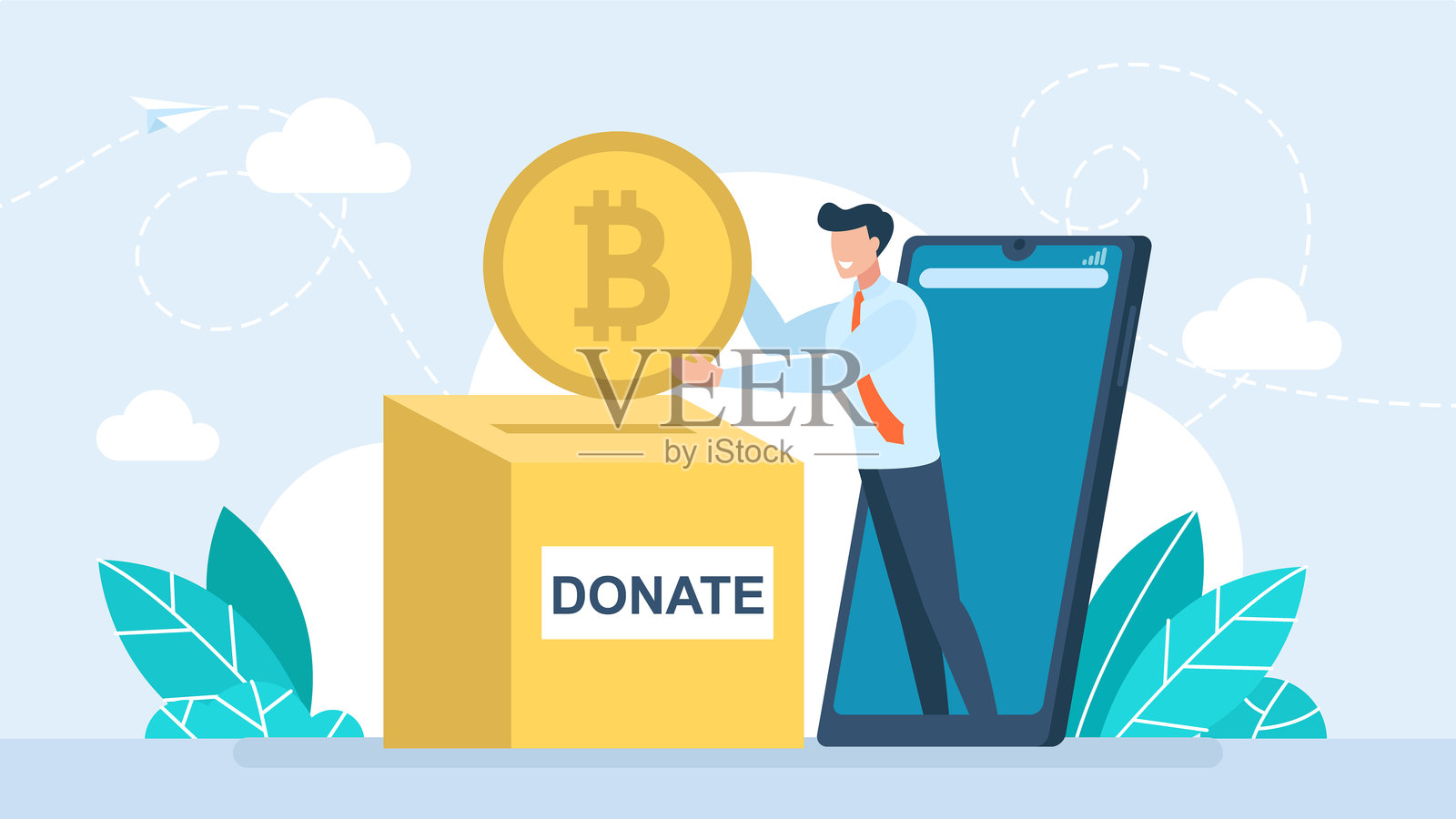 比特币转账。用户商人。用手机捐赠比特币。慈善，捐赠。发放加密货币。用智能手机进行在线支付。商业，金融。扁平插图插画图片素材