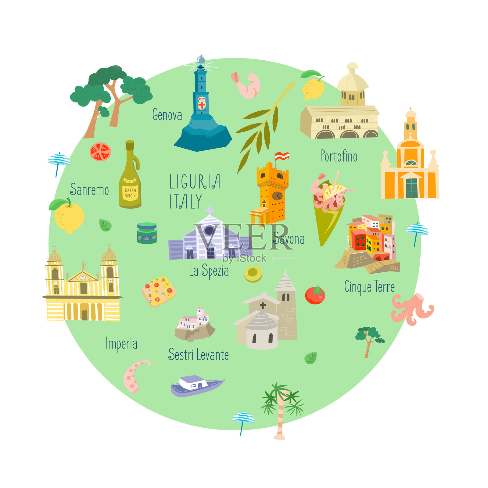 意大利利古里亚的历史建筑群。插画图片素材