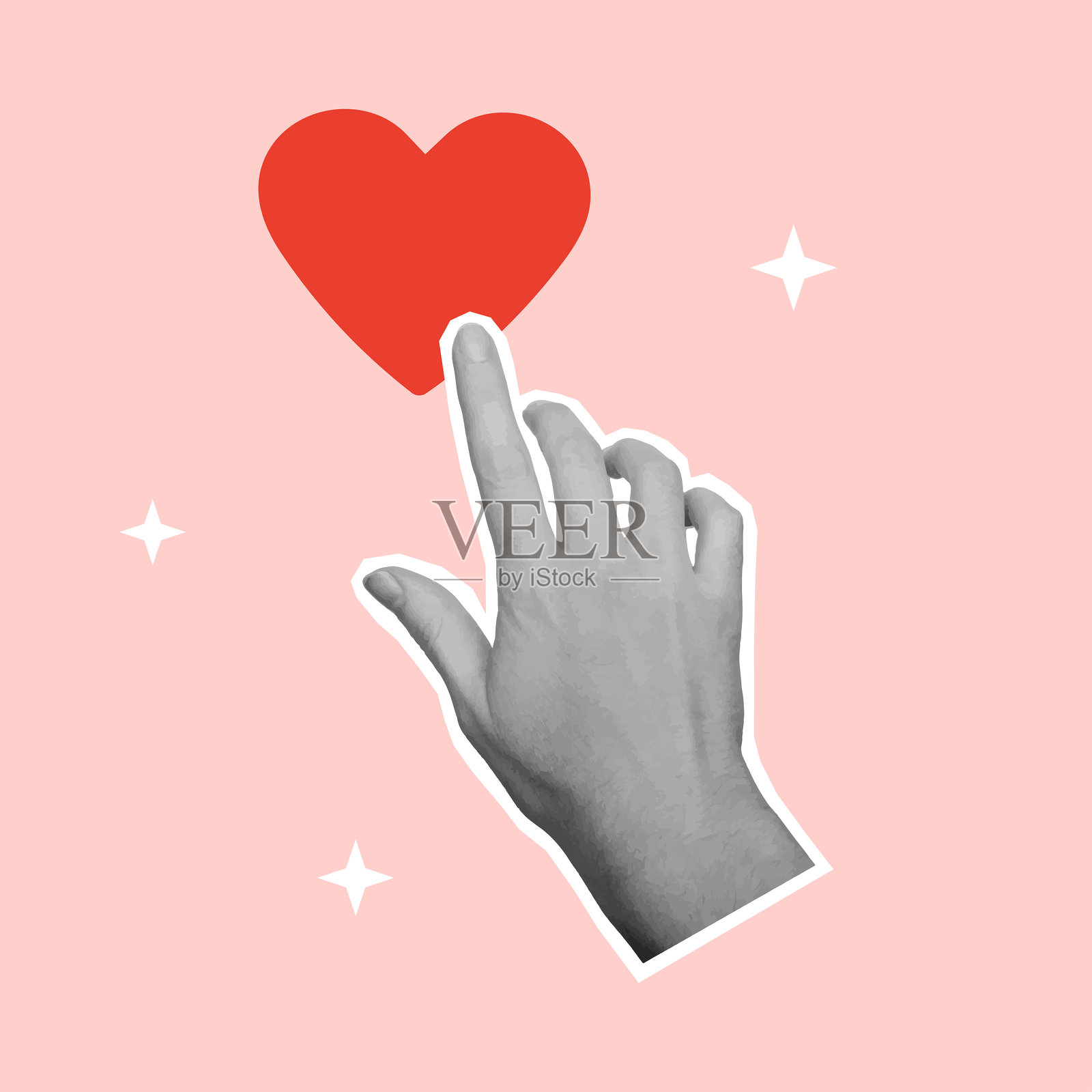 情人节贺卡，上面有剪出的手和红色心形。插画图片素材