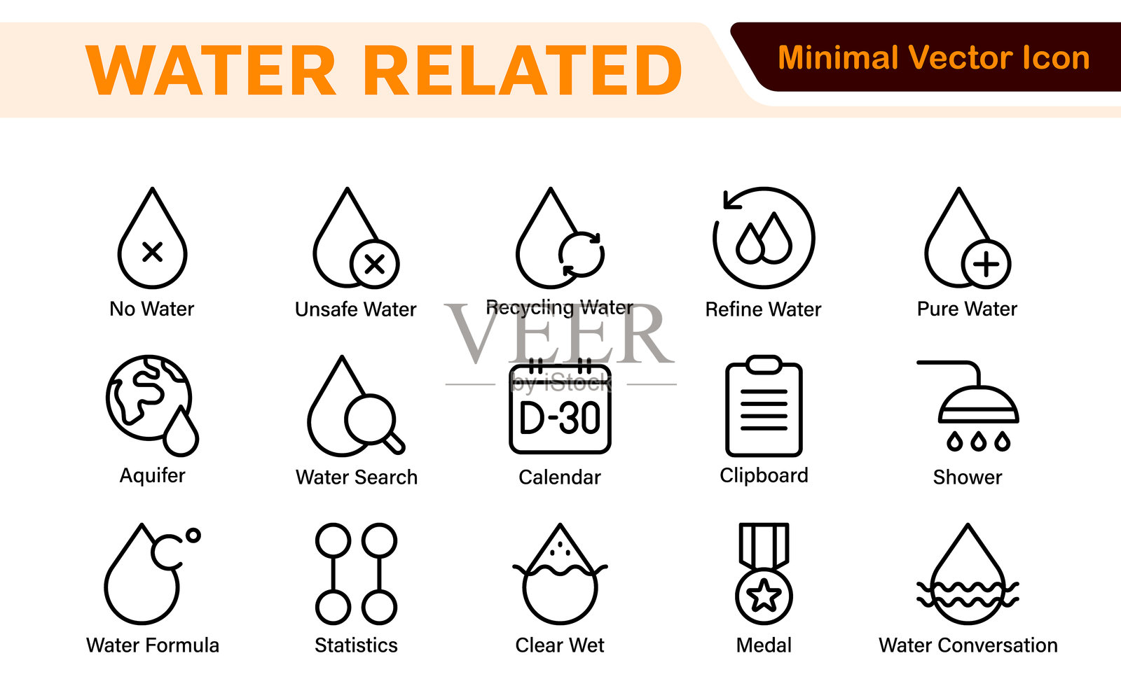 水相关图标集。一个清新的图标集合，展示水资源保护、水生生物和水分补充，完美适用于水资源意识和可持续发展。插画图片素材