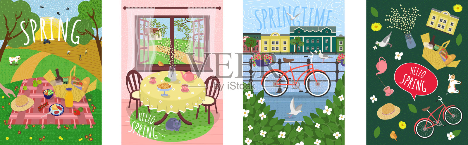 充满活力的春季风景艺术印刷套装，盛开的花朵、郁郁葱葱的草地和宁静的村庄。自行车停在春季城市的堤岸上。绿草如茵的田野上进行野餐，捕捉自然的复苏。插画图片素材