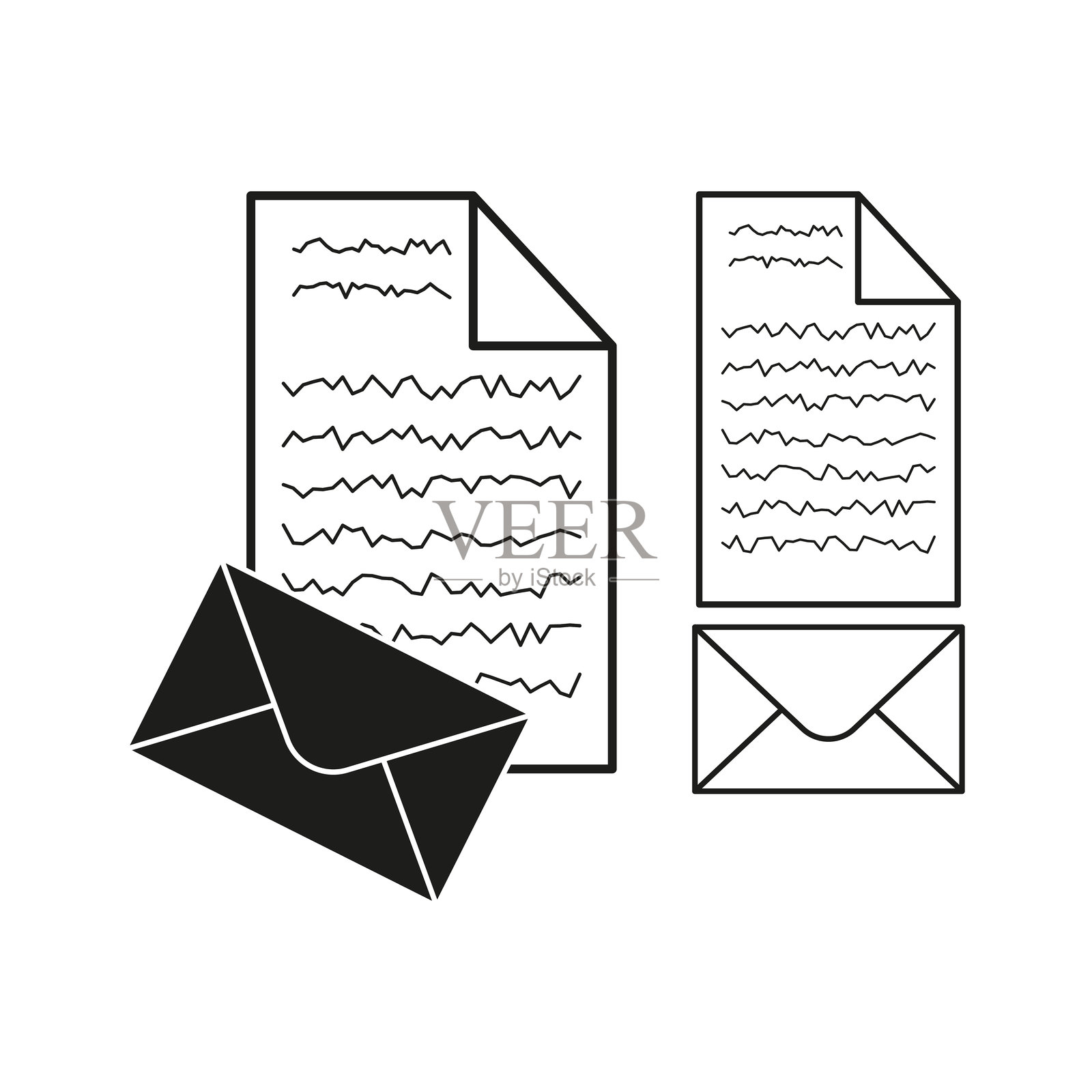 信封和信件。纸质文件图标。通信矢量图像。黑白插图。插画图片素材