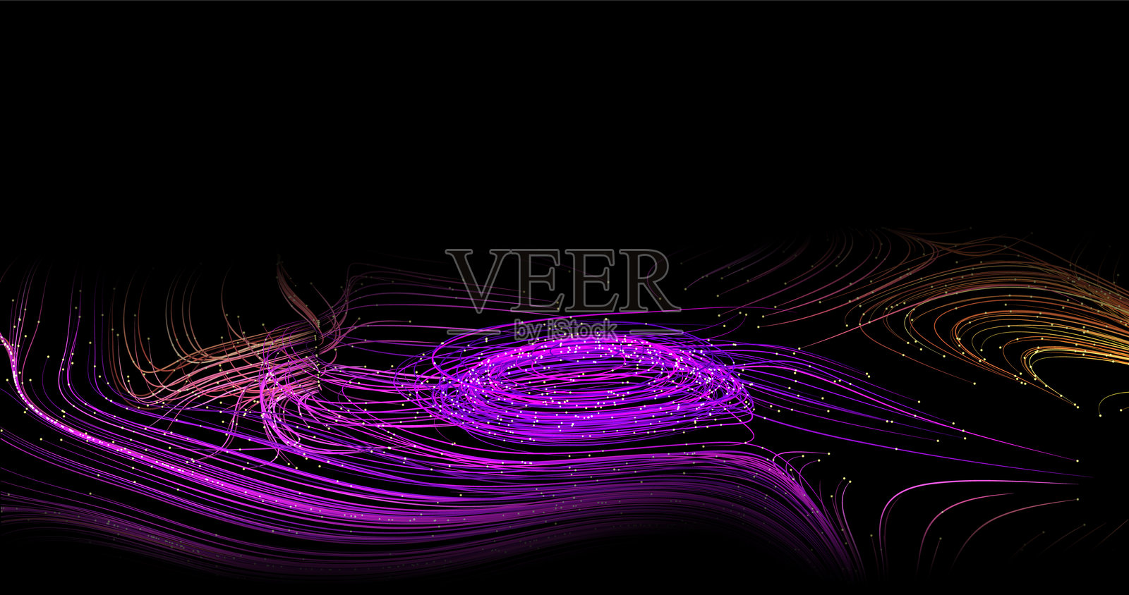 黑色背景上不同颜色的抽象曲线。矢量插图，概念涉及科技、科学、音乐和现代性。插画图片素材