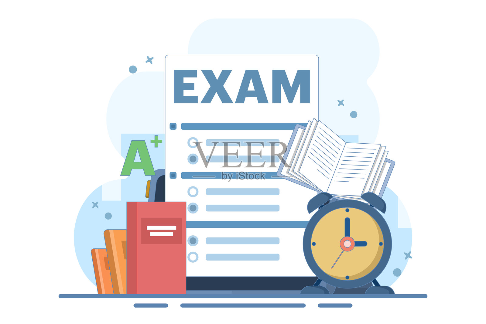 考试概念。教育、学习、数字化在线学习、学位、研究生概念。查看考试结果。现代扁平卡通风格。背景上的矢量插图。插画图片素材