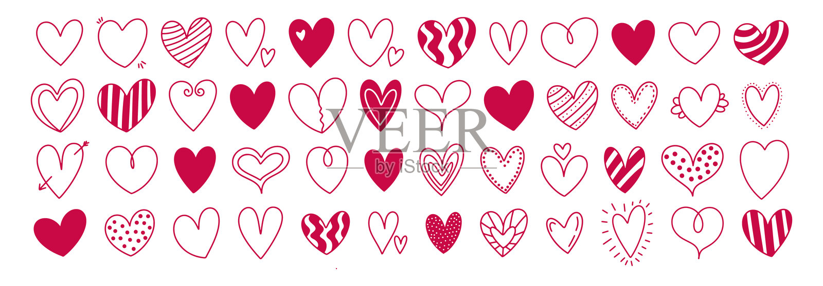 可爱简单的涂鸦心形草图集。不同的手绘心形图标爱情合集，独立于白色背景。红色心形符号适合情人节。插画图片素材