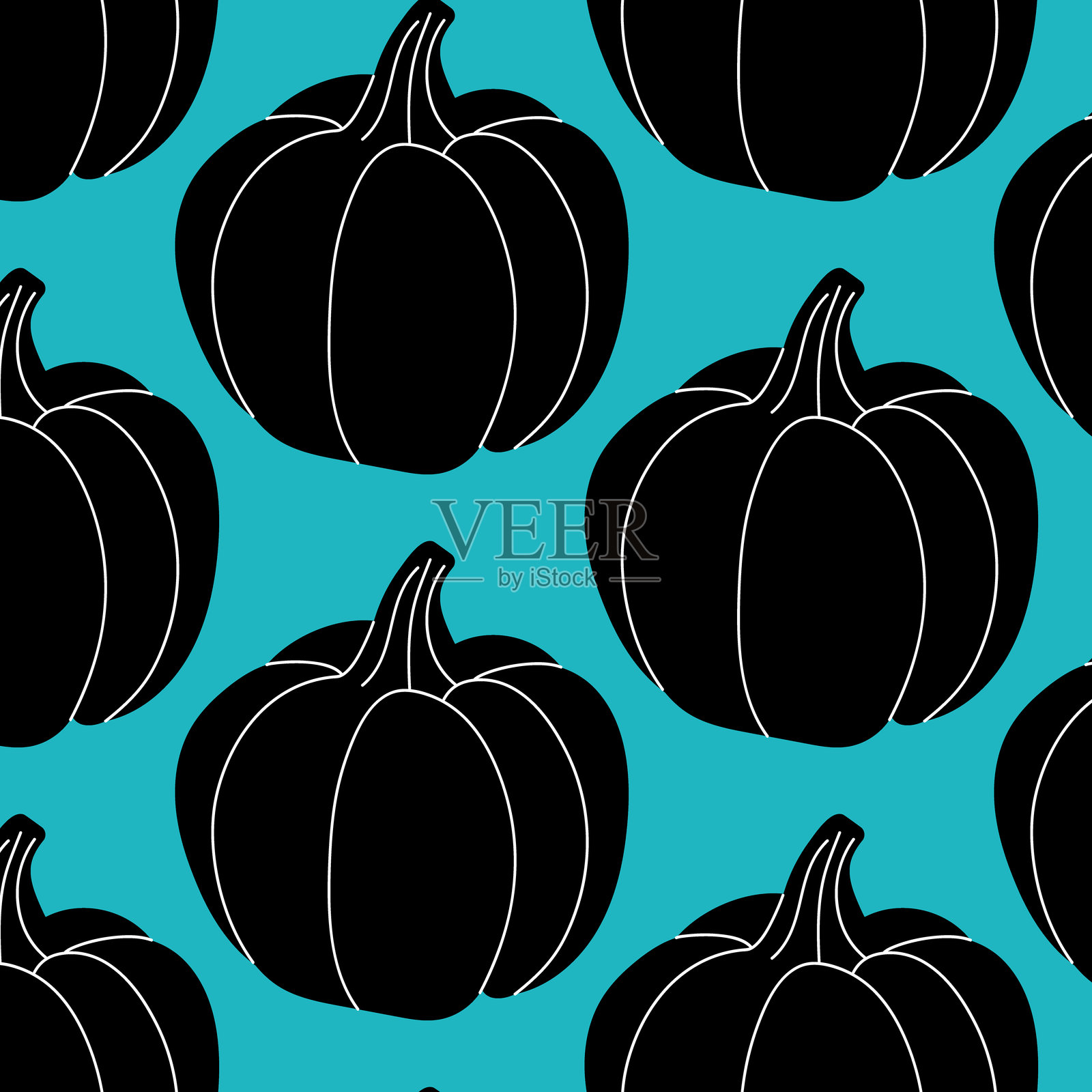 风格化的黑色南瓜与生动的青绿色背景搭配，展现创意美感插画图片素材