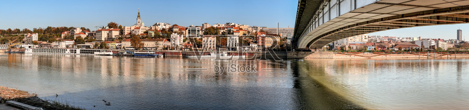 贝尔格莱德海滨的180度全景，俯瞰城市的老部分照片摄影图片