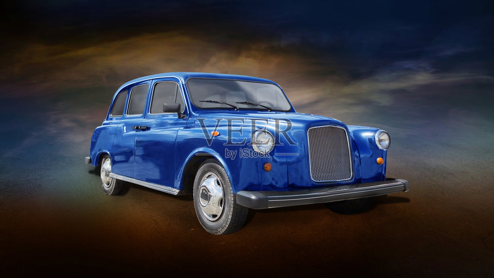深色背景上的蓝色复古汽车照片摄影图片