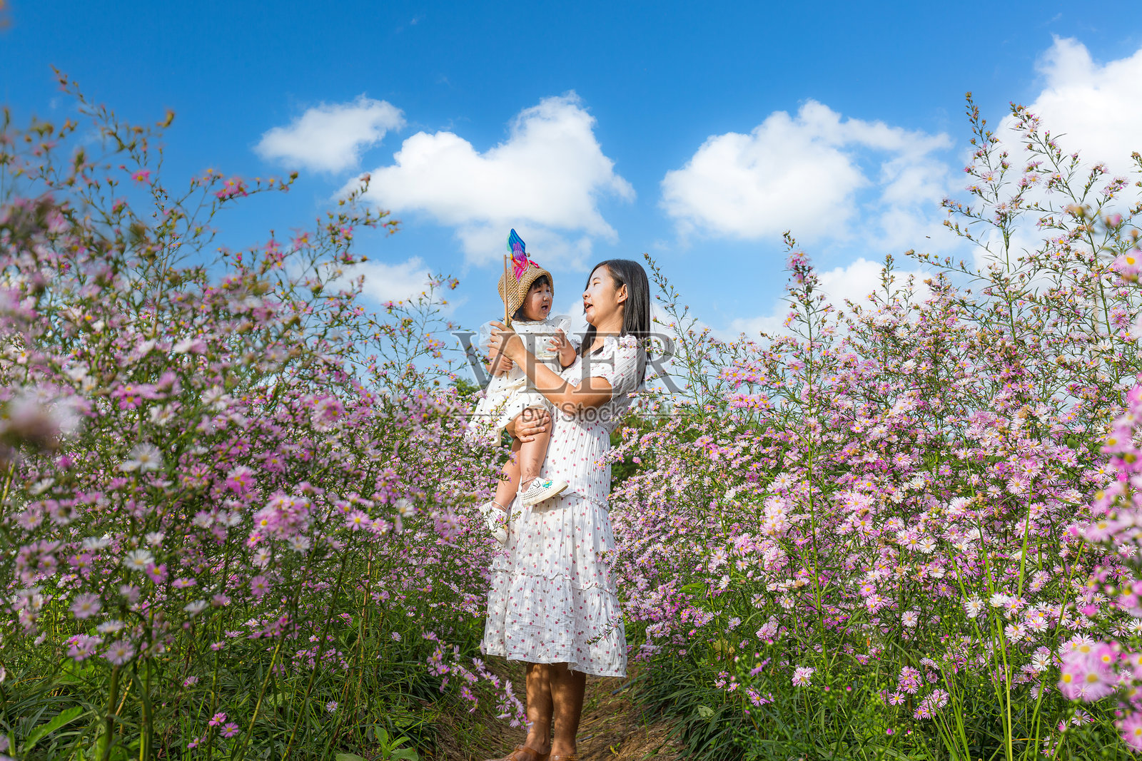 可爱的母亲和小女儿在花田里，快乐的母亲与小女儿在薰衣草背景下。美丽的女人和可爱的宝宝在草地上玩耍。夏日家庭假期。照片摄影图片